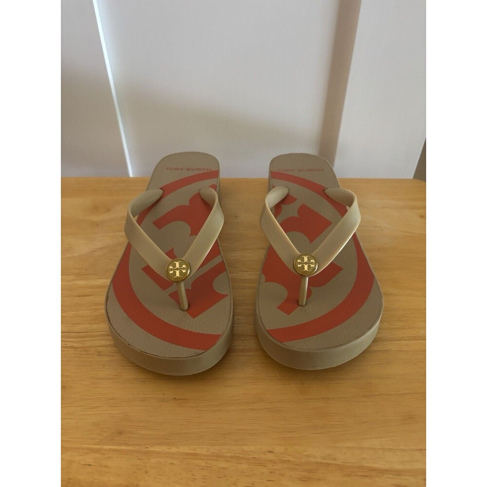 Tory Burch Platform Wedge Flip Flop Sandals Gold Logo Geometric Print Womens 9.5